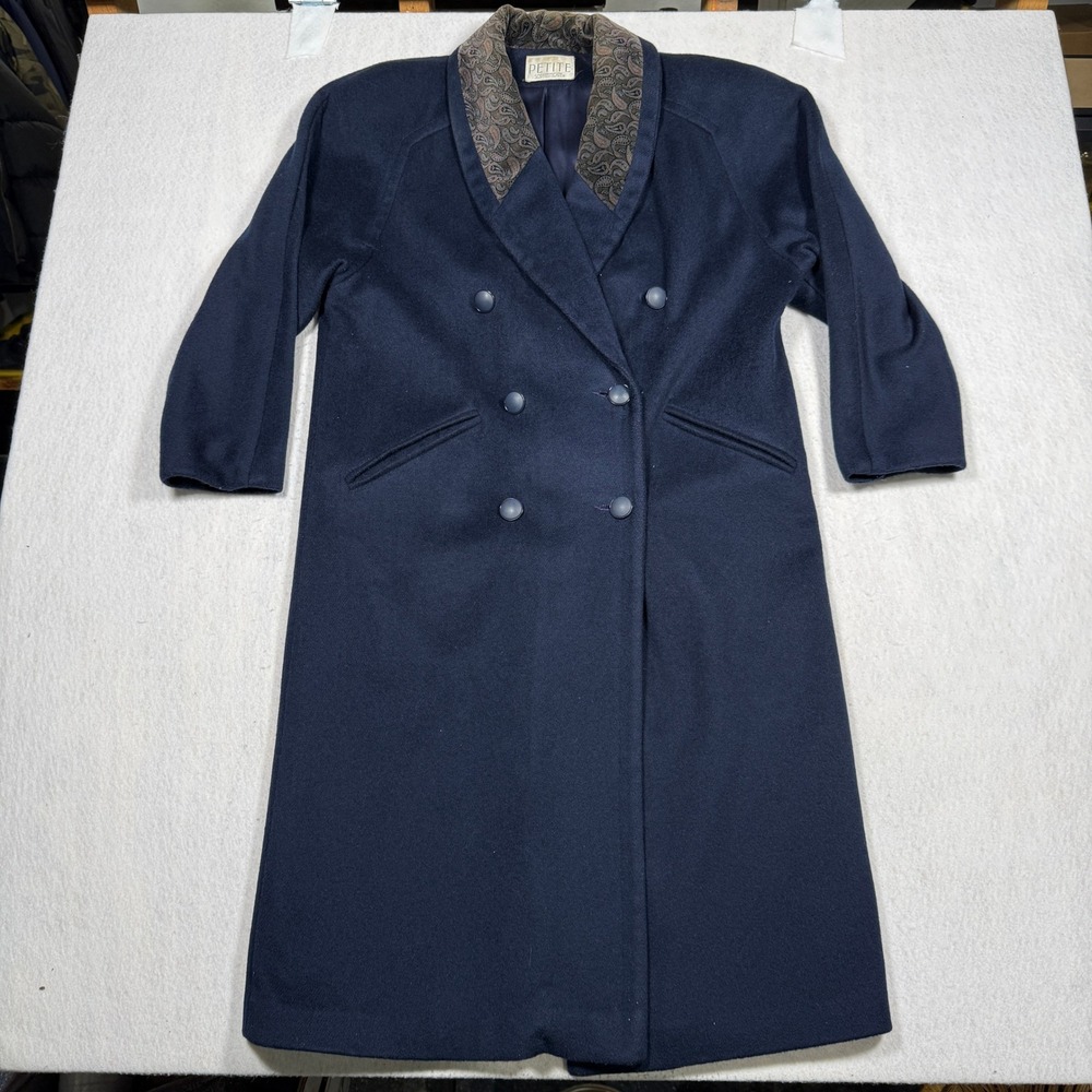 Petite Sophisticate Navy Blue Wool Blend Long Coat Forstmann Paisley Trim 8P